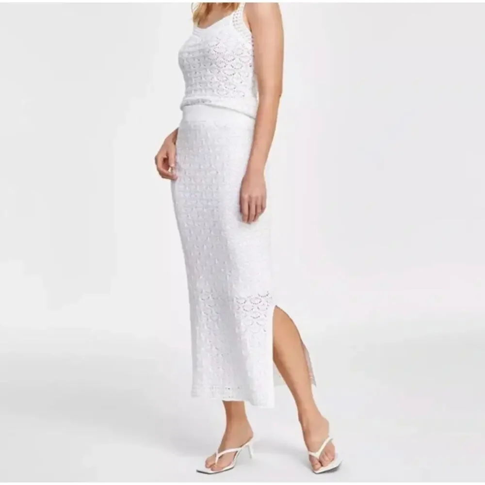 Inc International Concepts White Eyelet Crochet Side Slit Pull On Midi Skirt M - Picture 2 of 11